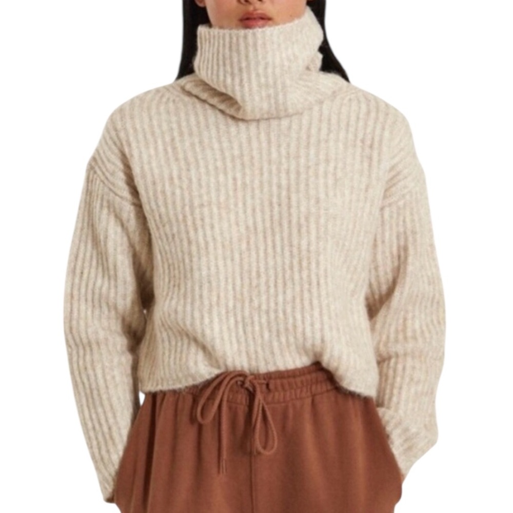 THAKOON Cropped Ribbed Turtleneck Sweater in Oatmeal Size Medium Alpaca Blend